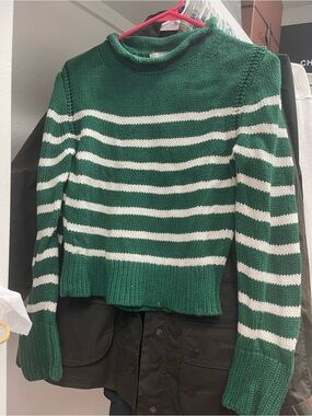 J. Crew Green and White Striped Knit Crewneck Sweater